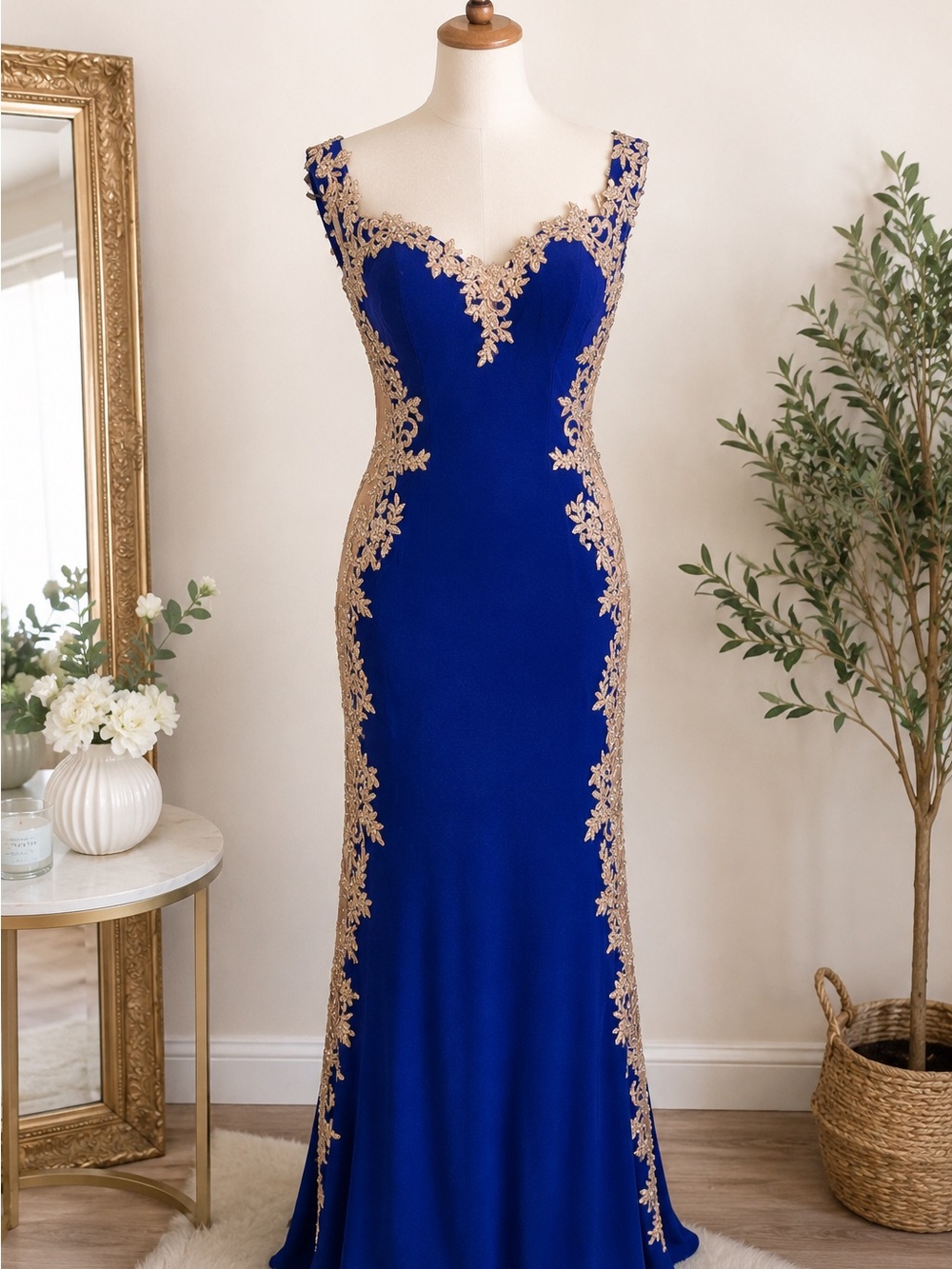 Royal Blue Maxi Dress with Gold Lace Trim